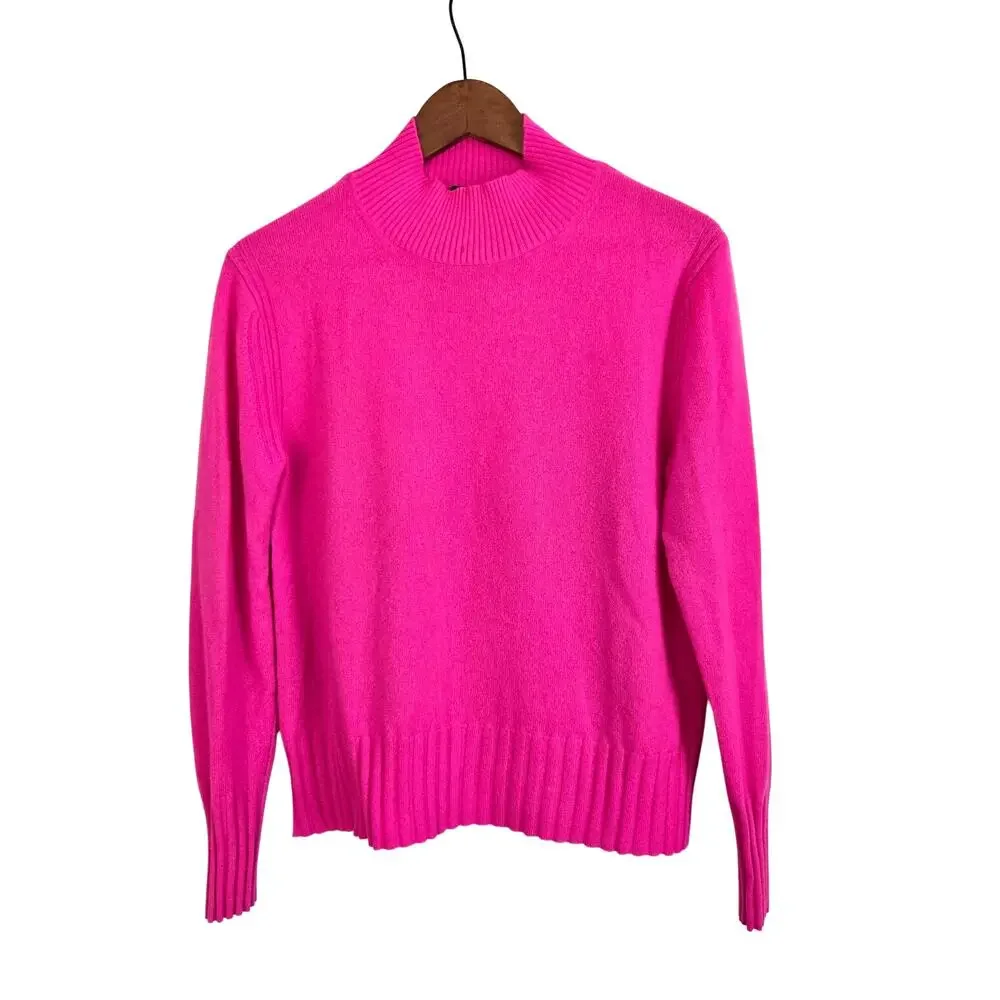 Minimalist Preppy J. Crew Cashmere Mock Neck Quiet Luxury Sweater Vibrant Pink S